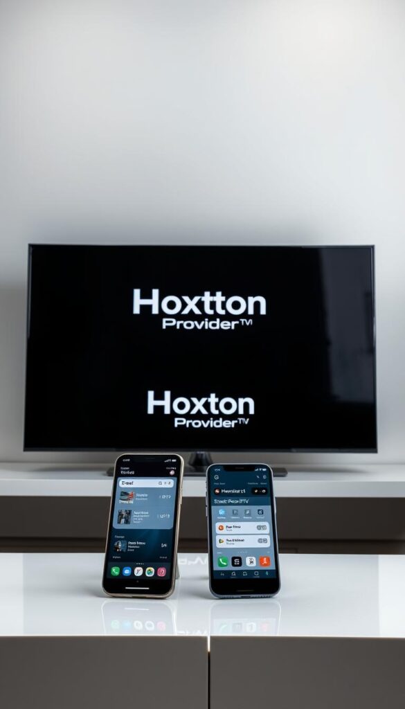 A comparative analysis of free and premium IPTV services on a sleek, contemporary display. In the foreground, a modern TV displaying the Hoxtoon Provider brand logo, showcasing its premium streaming capabilities. The middle ground features two smartphones, one representing free IPTV options and the other highlighting the enhanced features of a premium subscription. The background is a minimalist, neutral-toned environment, emphasizing the technology and service distinctions. Dramatic studio lighting illuminates the scene, creating a sense of professionalism and authority. The overall composition conveys a clear, informative comparison between the two IPTV service tiers.