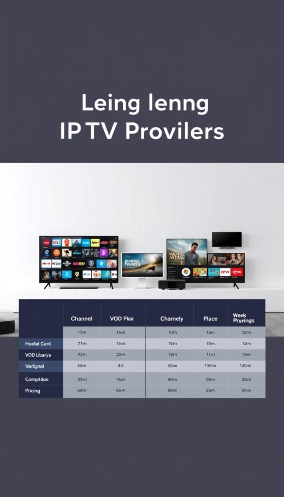 A comparative analysis of leading IPTV providers, showcasing a sleek, minimalist interface. In the foreground, a side-by-side comparison of service offerings, including channel counts, VOD libraries, and pricing for Hoxtoon Provider and its top competitors. The middle ground features elegant product shots, highlighting the ease of use and device compatibility. In the background, a clean, neutral backdrop accentuates the professionalism and trustworthiness of the featured services. Crisp, balanced lighting and a wide-angle lens capture the comprehensive nature of the comparison. The overall mood is informative, data-driven, and visually striking.