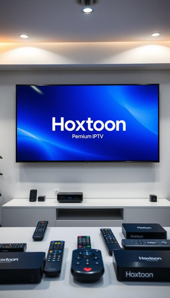 A contemporary, high-tech office interior with sleek IPTV devices prominently displayed. The Hoxtoon Provider logo is visible on the main display screen, showcasing its premium IPTV services. Soft, directional lighting illuminates the scene, creating a professional and inviting atmosphere. The middle ground features various remote controls, streaming boxes, and other IPTV accessories, while the background depicts a minimalist, monochrome wall with subtle geometric patterns. The overall composition conveys the reliable, cutting-edge nature of Hoxtoon's IPTV solutions.