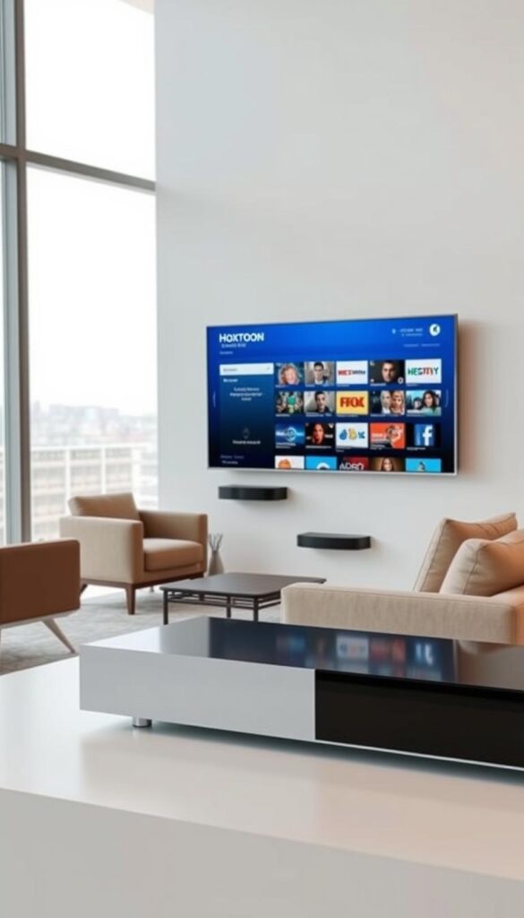 A contemporary living room setting with a large flat-screen TV mounted on the wall. In the foreground, a sleek, modern media console featuring the "Hoxtoon Provider" logo prominently displayed. On the TV screen, a user interface showcasing the "Hoxtoon Catch Up" feature, highlighting a diverse selection of on-demand content. The middle ground features a comfortable couch and armchair, creating an inviting atmosphere for enjoying the entertainment. The background depicts a minimalist, well-lit space with large windows, allowing natural light to flood the room. The overall scene conveys a sense of technological sophistication and a seamless home entertainment experience.