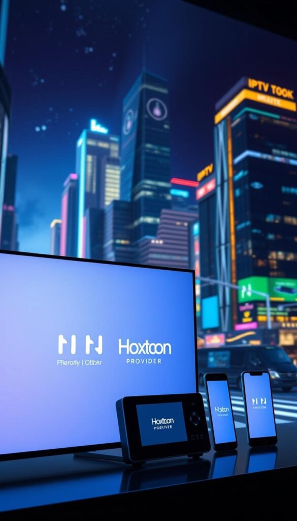 A contemporary visual representation of IPTV technology, showcasing a sleek, ultra-modern streaming interface. In the foreground, a high-resolution display depicts the Hoxtoon Provider brand logo, accompanied by a minimalist digital control panel. The middle ground features a network of interconnected devices, including a smart TV, tablet, and mobile phone, seamlessly integrated to illustrate the seamless connectivity of IPTV. The background is dominated by a futuristic, neon-infused cityscape, conveying the cutting-edge, immersive nature of this advanced streaming solution. Dramatic lighting and a vibrant color palette create a visually stunning, tech-savvy atmosphere.