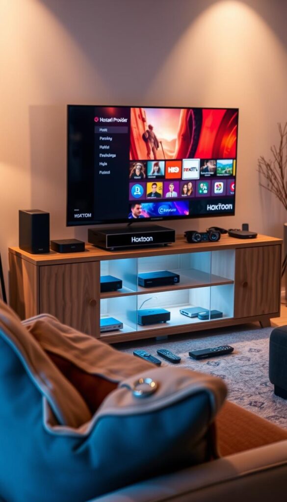 A cozy home entertainment setup featuring a sleek, modern IPTV box labeled "Hoxtoon Provider" atop a wooden media console. Soft, ambient lighting illuminates the scene, creating a warm and inviting atmosphere. The TV screen displays vibrant, high-quality content, reflecting the premium IPTV experience. In the foreground, a comfortable armchair and a plush throw pillow invite the viewer to sit back, relax, and immerse themselves in the entertainment. The middle ground showcases neatly arranged streaming devices, remotes, and other accessories, suggesting a well-organized and streamlined IPTV viewing setup. The background features neutral-toned walls and subtle decor elements, allowing the focus to remain on the central IPTV experience.