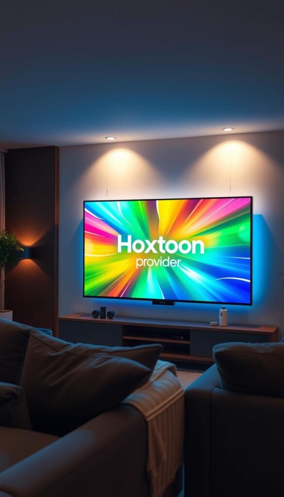 A cozy living room filled with the glow of a large, sleek smart TV. The screen displays vibrant, high-quality entertainment content, with the Hoxtoon Provider logo prominently featured. Soft lighting illuminates the space, creating a comfortable and inviting atmosphere. Plush, modern furniture surrounds the TV, with a minimalist, premium design aesthetic. Subtle ambient sounds of the program playing add to the immersive experience. The overall scene conveys a sense of reliable, premium IPTV service from Hoxtoon Provider, perfect for enjoying content at home.