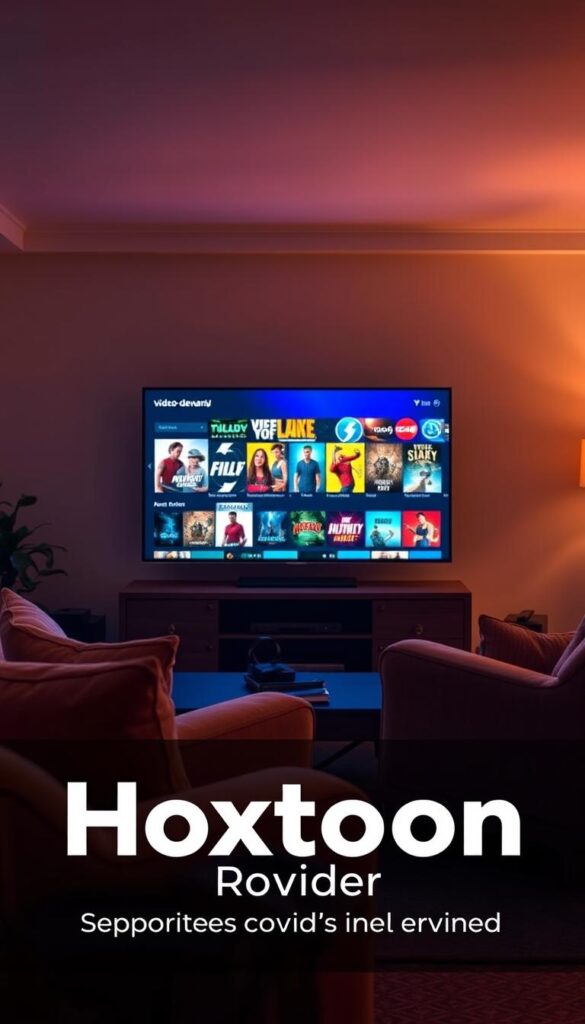 A cozy living room illuminated by warm, soft lighting, showcasing a sleek, modern television displaying a diverse array of on-demand entertainment options. In the foreground, a Hoxtoon Provider logo prominently displayed, indicating a vast library of over 150,000 video-on-demand titles at the user's fingertips. The middle ground features a comfortable sofa and armchair, inviting the viewer to settle in and immerse themselves in the endless entertainment possibilities. The background depicts a minimalist, contemporary decor, creating a serene and inviting atmosphere for the perfect binge-watching experience.