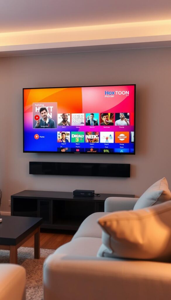 A cozy living room scene with a large flatscreen TV mounted on the wall, displaying a vibrant IPTV service interface. The Hoxtoon Provider logo is subtly displayed in the corner. Soft lighting creates a warm, inviting atmosphere, while the room is furnished with modern, minimalist decor. In the foreground, a comfortable sofa and armchair invite users to sit back and enjoy the latest movies, shows, and live TV channels. The middle ground features a sleek, compact Hoxtoon streaming device on a side table, seamlessly integrated into the room's design. The background showcases a panoramic view of a lively city skyline, hinting at the boundless entertainment options available through the IPTV service.