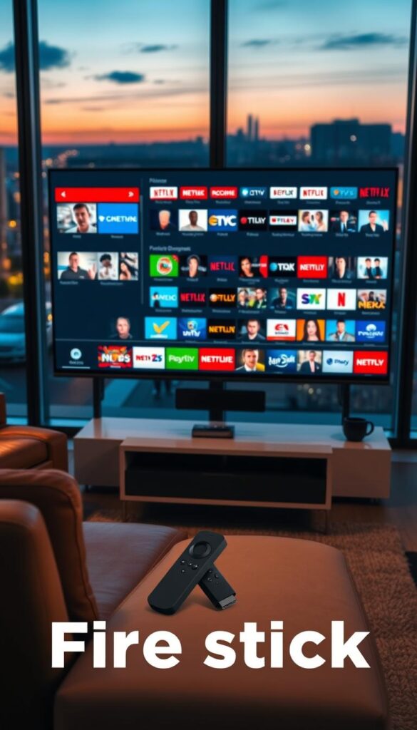 A cozy living room scene with a large flatscreen TV prominently displayed, showing a diverse selection of streaming channels on the Hoxtoon Provider IPTV service. In the foreground, a comfortable leather armchair and a sleek, modern coffee table. Subtle ambient lighting casts a warm glow, creating a relaxed, inviting atmosphere. In the middle ground, a Firestick device is visible, seamlessly integrated into the entertainment setup. The background features floor-to-ceiling windows, offering a picturesque view of a city skyline at dusk. The overall composition conveys a sense of entertainment, convenience, and the versatility of the Hoxtoon Provider IPTV solution for Firestick users.