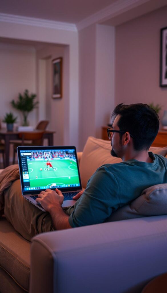A cozy living room scene, with a person comfortably lounging on a plush sofa, laptop in hand, intently watching a live sports event streamed on the Hoxtoon Provider platform. The room is bathed in a warm, ambient light, creating a sense of relaxation and immersion. The viewer's expression is one of deep engagement, as they follow the action unfolding on the screen. In the background, subtle hints of household decor and accents suggest a well-appointed, modern space. The overall atmosphere conveys the convenience and enjoyment of accessing a vast array of live sports content through the Hoxtoon Provider service.