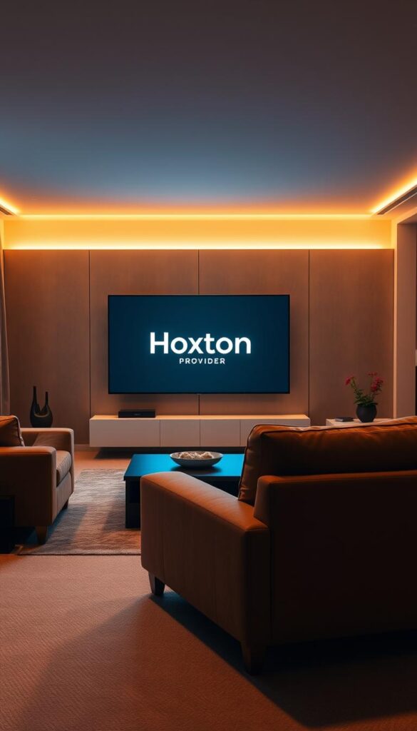 A cozy living room set, illuminated by the soft glow of a large, modern television screen. In the foreground, a plush sofa and armchair, positioned to face the screen, inviting viewers to relax and immerse themselves in the digital entertainment. The middle ground features a sleek, minimalist entertainment center, adorned with the "Hoxtoon Provider" logo, hinting at the seamless integration of premium streaming services. The background showcases a stylish, contemporary interior design, with warm lighting and subtle textures, creating an atmosphere of comfort and technological sophistication. The scene conveys the transformation of home entertainment in the digital age, where the boundless world of premium IPTV Latino content is at one's fingertips.