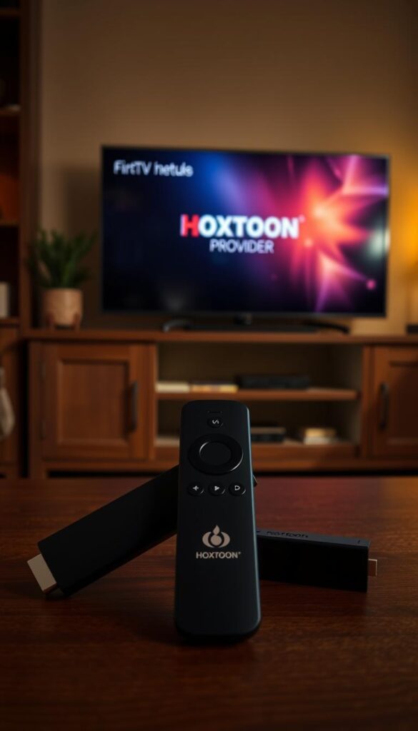A cozy living room setting, dimly lit with warm, soft lighting. In the center, a Firestick is prominently displayed, its sleek black casing contrasting against the wooden entertainment center. The Hoxtoon Provider logo is subtly displayed on the Firestick's interface, indicating the IPTV service being set up. In the background, a large flat-screen TV casts a gentle glow, ready to display the Hoxtoon IPTV content. The scene conveys a sense of ease and comfort, as if the user is about to embark on an enjoyable streaming experience.