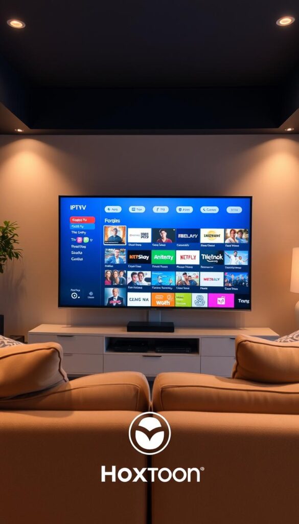 A cozy living room setting with a large, modern IPTV screen displaying an array of catch-up TV options. The screen is the focal point, surrounded by comfortable furniture and warm lighting. A Hoxtoon Provider logo is discretely visible in the bottom corner. The room's atmosphere is inviting, with soft textures and a muted color palette, conveying a sense of relaxation and convenience for the viewer.