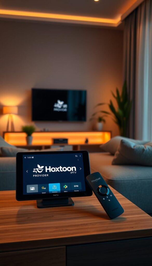 A cozy living room setup with a modern Firestick device prominently displayed on a wooden entertainment center. The Firestick's interface shows the Hoxtoon Provider logo, indicating the IPTV service is configured and ready for use. Soft ambient lighting casts a warm glow, while a plush sofa and decorative plants create a welcoming atmosphere. The room's neutral tones and clean lines suggest a minimalist, tech-savvy aesthetic. A sense of ease and comfort permeates the scene, inviting the viewer to sit back, relax, and enjoy the Hoxtoon IPTV experience on their Firestick.