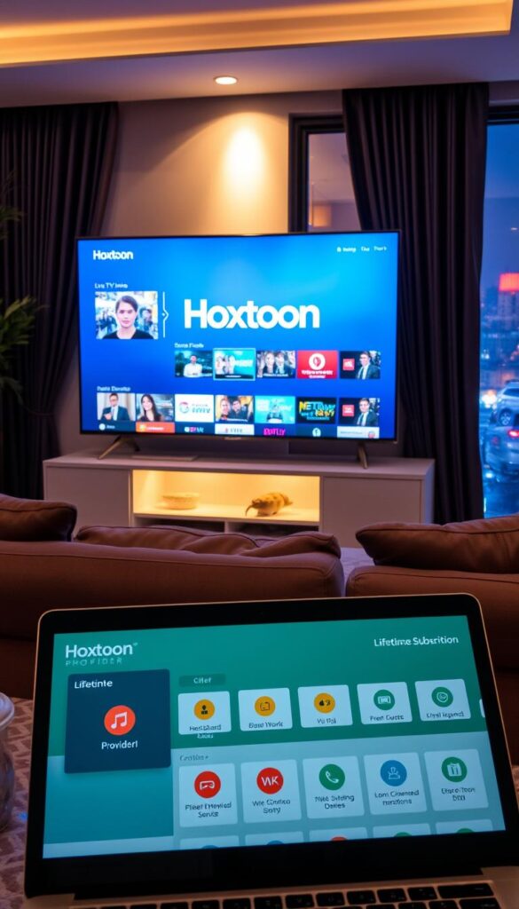 A cozy living room with a comfortable sofa and a large flat-screen TV. The TV screen displays the Hoxtoon Provider brand name and a selection of live TV channels and on-demand content. Soft, warm lighting illuminates the scene, creating a relaxing and inviting atmosphere. In the foreground, a laptop or tablet showcases the Hoxtoon Provider's user-friendly interface, highlighting the lifetime subscription and the ability to stream on multiple devices. The background features a window overlooking a vibrant cityscape, suggesting the limitless entertainment options available through the Hoxtoon Provider's IPTV service.