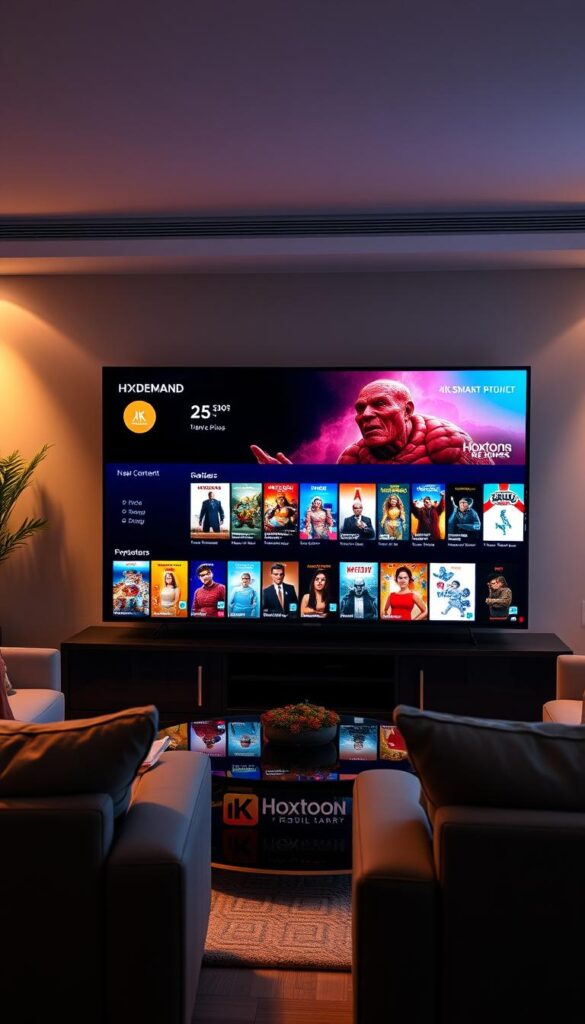 A cozy living room with a large 4K smart TV displaying a vibrant, on-demand content interface from the Hoxtoon Provider. Sleek, modern furniture and soft lighting create a welcoming atmosphere. The TV screen showcases a diverse collection of movie and TV show thumbnails, hinting at the vast 150,000+ VOD library available through the Hoxtoon IPTV service. The room is bathed in a warm, cinematic glow, inviting the viewer to settle in and explore the endless entertainment options at their fingertips.