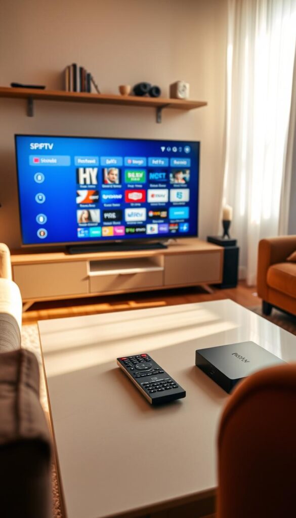 A cozy living room with a large TV screen displaying a crisp, high-definition IPTV interface. The room is bathed in warm, soft lighting, creating a relaxing atmosphere. On the coffee table, a sleek remote control and a Hoxtoon Provider streaming device sit neatly. The viewer is immersed in the seamless, user-friendly IPTV experience, with a vast selection of channels, movies, and shows at their fingertips. The overall scene conveys a sense of comfort, convenience, and endless entertainment.
