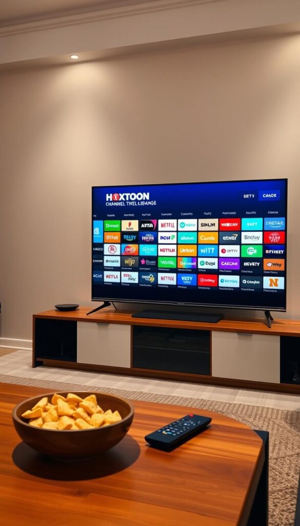A cozy living room with a large flat-screen TV displaying a detailed IPTV channel lineup, showcasing the expansive 21,000+ channel library offered by Hoxtoon Provider. The room is softly lit, creating a comfortable and inviting atmosphere. The TV screen features a sleek, modern user interface with clear category headings and channel logos, allowing easy navigation through the massive content selection. In the foreground, a remote control and a bowl of snacks sit on a wooden coffee table, hinting at the leisurely enjoyment of this vast entertainment experience.