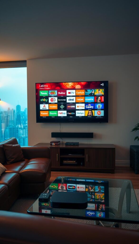 A cozy living room with a large flat-screen TV mounted on the wall, displaying a vibrant array of Latino TV channels. In the foreground, a modern leather sofa faces the TV, with a sleek Hoxtoon Provider streaming device resting on a glass coffee table. Warm, ambient lighting fills the space, creating a welcoming atmosphere. Through the window, a city skyline can be seen, hinting at the global reach of the Latino programming. The room exudes a sense of cultural connection and entertainment, inviting the viewer to immerse themselves in the rich tapestry of Latino television.