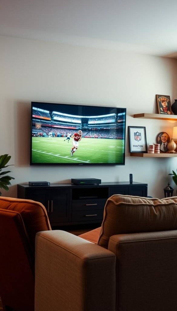 A cozy living room with a large flat-screen TV mounted on the wall, its screen filled with a sports event. In the foreground, a comfortable armchair and a plush sofa are arranged to provide an optimal viewing experience. Soft lighting creates a warm, inviting atmosphere, while the shelves in the background display various sports memorabilia and a sleek streaming device, the "Hoxtoon Provider", blending seamlessly into the décor. The overall scene conveys a sense of immersion and relaxation, perfectly suited for an enhanced sports viewing experience.