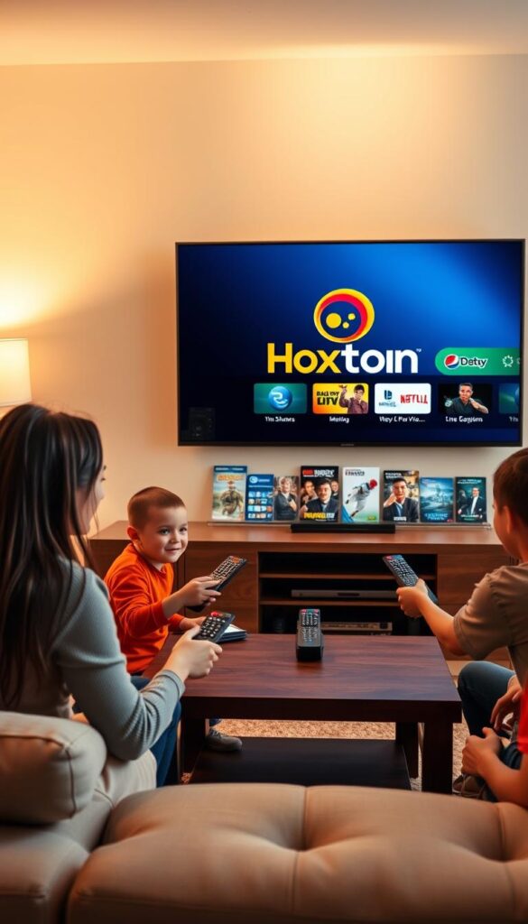 A cozy living room with a large, flat-screen TV mounted on the wall. In the foreground, a family of four - a mother, father, and two children - are gathered around a coffee table, each holding a sleek, modern remote control. The room is bathed in warm, soft lighting, creating a welcoming atmosphere. In the background, a Hoxtoon Provider logo is prominently displayed on the TV screen, showcasing the wide range of entertainment options available through the IPTV service. The scene conveys a sense of family togetherness and the ability to access a diverse array of content, from movies and TV shows to live sports and news, all within the comfort of their own home.