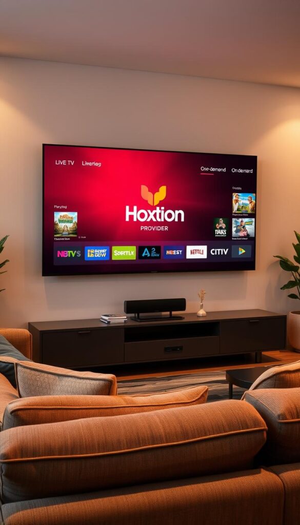 A cozy living room with a large, flat-screen television dominating the space. The screen displays a sleek, modern interface showcasing the Hoxtoon Provider logo and a diverse array of live TV channels and on-demand content. Plush, comfortable seating surrounds the television, inviting viewers to immerse themselves in the ultimate home entertainment experience. Soft, warm lighting creates a welcoming ambiance, while clean, minimalist decor emphasizes the focus on the high-quality visuals. The room exudes a sense of sophistication and technological advancement, hinting at the revolutionary television experience that Hoxtoon Provider offers.