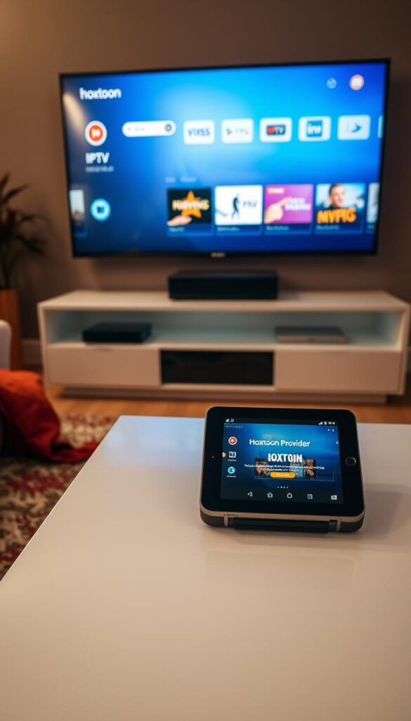 A cozy living room with a large smart TV mounted on the wall, displaying the Hoxtoon Provider IPTV interface. On a sleek, modern coffee table, a smartphone and a tablet are positioned, both showing the Hoxtoon Provider app open, allowing for seamless IPTV viewing across multiple devices. The room is bathed in warm, soft lighting, creating a welcoming and immersive atmosphere for the viewer to imagine themselves effortlessly accessing a world of entertainment through the evolution of television technology.
