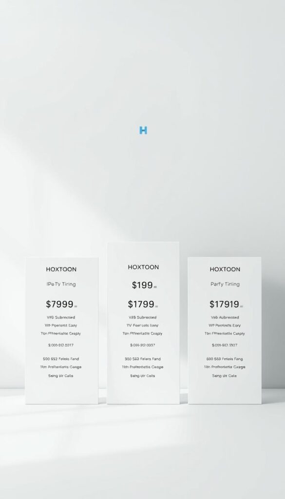 A crisp, clean-lined table showcasing the subscription plans offered by the Hoxtoon IPTV provider. The foreground features a minimalist layout with three plan tiers, each highlighted with sharp typography and clear pricing details. The middle ground subtly integrates the Hoxtoon logo, conveying the brand's identity. The background is a soft, neutral gradient that allows the plan information to take center stage, creating a sense of modern, professional elegance. The overall composition is balanced, with strategic use of whitespace to enhance readability and visual appeal. Subtle lighting from the top left casts a gentle, natural glow across the scene.