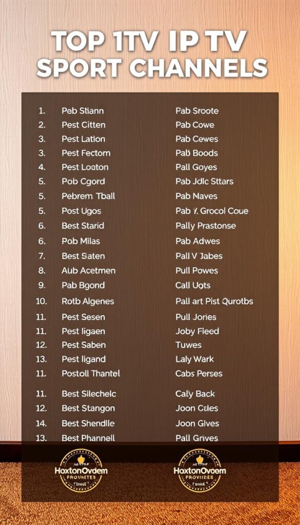 A crisp, clean list of the top IPTV sport channels, arranged in a grid layout with clear, legible text against a subtle textured background. The channels are organized by category, with icons or logos for each to visually distinguish them. The overall look is sleek and professional, conveying a sense of authority and expertise. A Hoxtoon Provider logo is tastefully displayed in the corner. Soft, warm lighting illuminates the scene, creating a visually appealing and informative image.