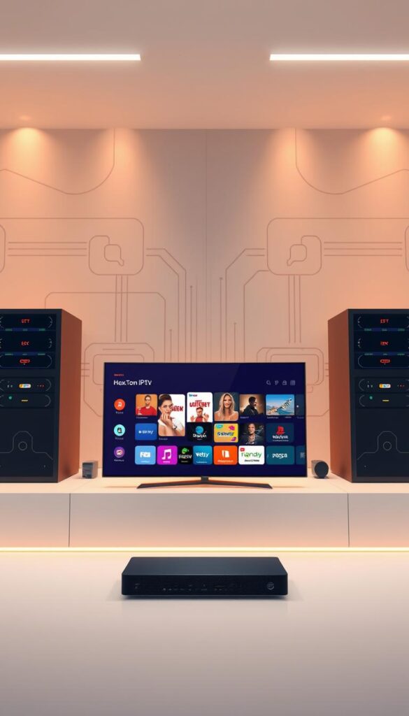 A crisp, detailed illustration of IPTV technology in 2023. A sleek, modern Hoxtoon Provider interface takes center stage, showcasing its intuitive navigation and rich content library. In the background, a network of interconnected devices and servers symbolize the robust infrastructure powering IPTV services. Warm, neutral lighting highlights the clean, minimalist design elements, conveying a sense of professionalism and reliability. The overall atmosphere is one of technological sophistication and user-friendliness, reflecting the evolution of IPTV as a leading home entertainment solution.