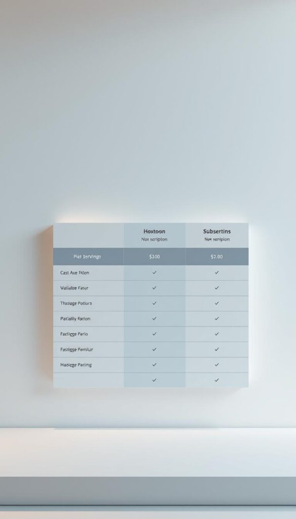 A crisp, elegant table displaying the Hoxtoon Provider IPTV subscription plans, set against a sleek, minimalist background. The table features clean lines, a neutral color palette, and clear pricing details for the various plan options. Warm lighting casts a soft glow, highlighting the high-quality, premium nature of the Hoxtoon service. The overall composition conveys a sense of professionalism, reliability, and value, making it an appealing visual representation of the article's subject matter.