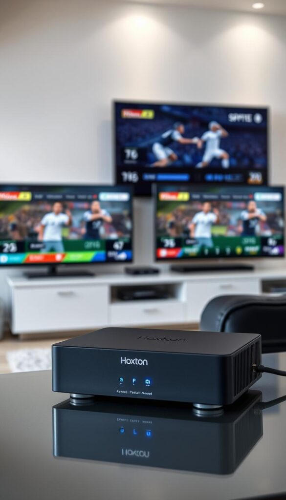 A crisp, high-resolution image of a modern IPTV streaming setup for sports. In the foreground, a sleek Hoxtoon Provider device sits prominently, its minimalist design and status lights indicating its connectivity. In the middle ground, multiple TV screens display live sports events, with dynamic visuals and player statistics overlays. The background features a clean, well-lit home entertainment space, with cable management and smart home integration suggesting a technologically advanced environment. The overall atmosphere conveys the convenience, flexibility, and high-quality experience of IPTV technology for sports enthusiasts.