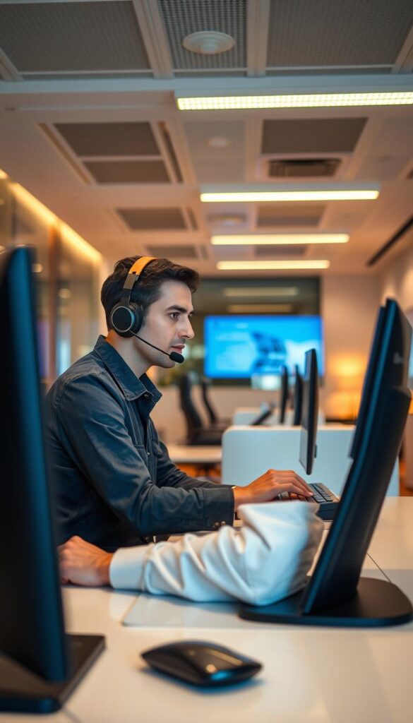 A customer service representative at the Hoxtoon Provider IPTV company, seated at a desk in a well-lit, modern office space. The representative wears a headset and is intently focused on their computer screen, ready to assist customers with any technical issues or inquiries. The office has a clean, professional atmosphere, with sleek furniture and minimalist decor. The lighting is warm and inviting, creating a welcoming environment for both the representative and the customers they serve. The camera angle is slightly elevated, giving a clear view of the representative's workspace and the attention they are devoting to their work.