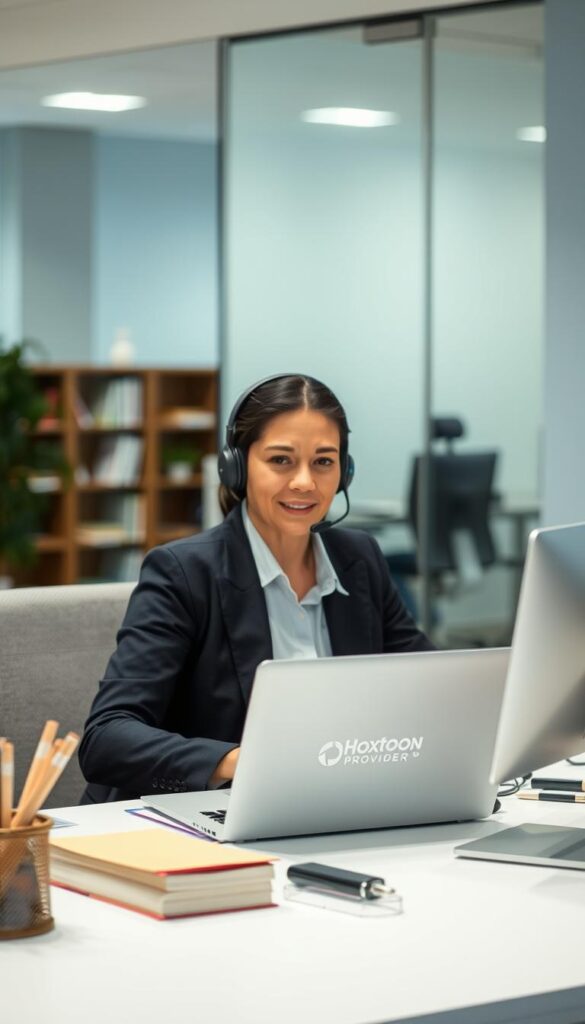 A customer service representative in a modern office setting, seated at a desk with a laptop, headset, and array of stationery. The lighting is soft and diffused, creating a calming atmosphere. The background is blurred, emphasizing the focus on the agent, who appears attentive and ready to assist. The Hoxtoon Provider logo is subtly displayed on the desk or wall, conveying the brand's commitment to reliable customer support. The overall scene exudes professionalism, efficiency, and a customer-centric approach.