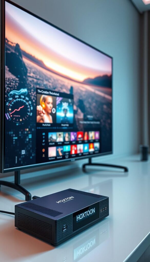 A cutting-edge 4K IPTV streaming setup, showcasing a sleek Hoxtoon Provider receiver connected to a high-end 4K television. The receiver's interface displays vibrant, high-resolution content, with a futuristic user experience. In the background, a seamless visual representation of the IPTV technology, with digital data streams and signals flowing effortlessly. Soft, ambient lighting accentuates the advanced nature of the system, conveying a sense of modern, immersive entertainment. Crisp, detailed angles capture the integration of hardware and software, highlighting the revolutionary impact of 4K IPTV on the streaming landscape.