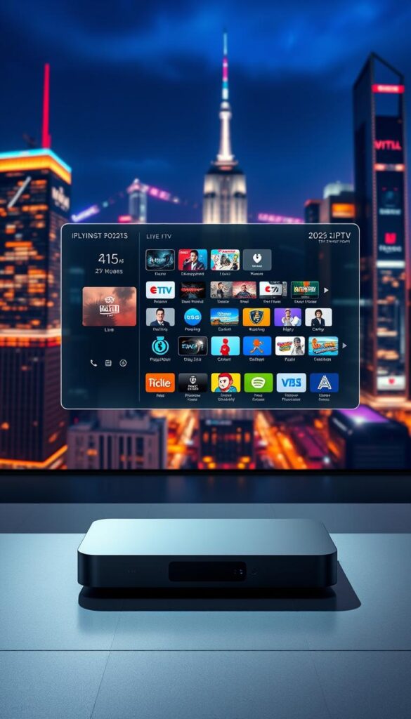 A cutting-edge IPTV technology display with the sleek, futuristic Hoxtoon Provider interface. In the foreground, a floating holographic screen showcases a diverse array of live TV channels, on-demand content, and advanced features. The middle ground features a modern, minimalist IPTV set-top box with a seamless touch interface. In the background, a vibrant, neon-lit cityscape evokes a sense of the future, with skyscrapers and holograms illuminating the night sky. Crisp, high-contrast lighting and a cinematic depth of field create a visually stunning and immersive scene, reflecting the revolutionary television entertainment experience of 2025.