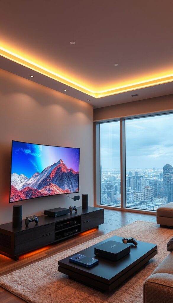 A cutting-edge home entertainment setup in a modern, minimalist living room. A large, curved OLED TV displays vibrant, high-resolution imagery. Futuristic voice-controlled smart home devices like a Hoxtoon Provider hub blend seamlessly into the decor. Adjustable LED lighting bathes the room in a warm, ambient glow. The latest generation of wireless gaming consoles and streaming boxes sit neatly organized on a sleek media console. A panoramic window offers a stunning cityscape view, creating a sense of technological advancement and connectivity.