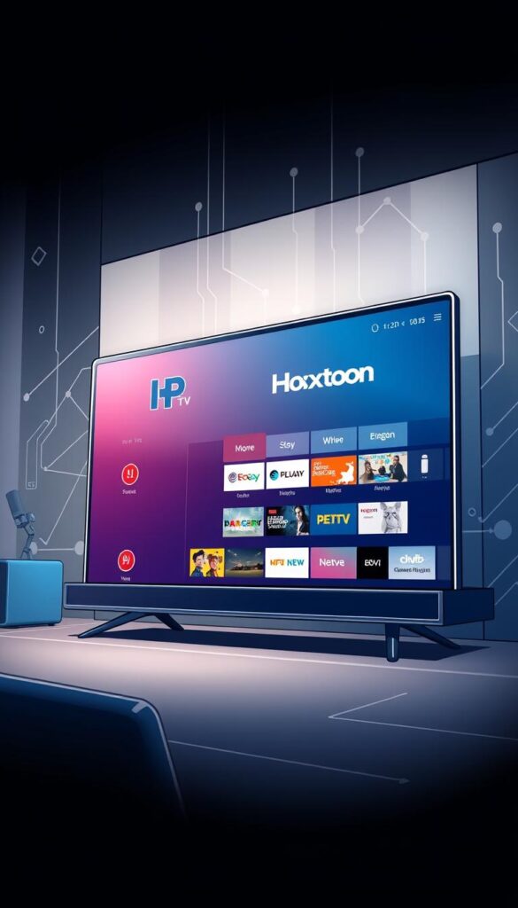 A detailed and dynamic digital illustration of an IPTV setup on a smart TV screen. The foreground depicts a modern, sleek smart TV with a clean, minimalist interface, showcasing the Hoxtoon Provider app prominently displayed. The middle ground features a user-friendly menu with clear navigation options, allowing easy access to various IPTV channels and content. The background subtly hints at a sophisticated technological environment, with abstract shapes and patterns suggesting advanced network infrastructure. The overall scene conveys a sense of seamless connectivity, efficient usability, and the high-quality IPTV experience provided by Hoxtoon Provider.