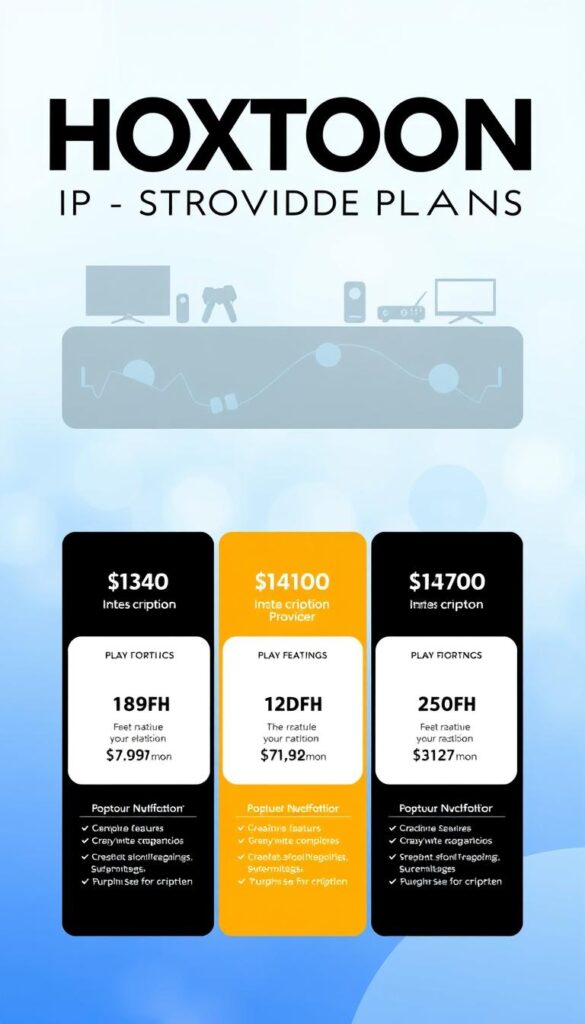 A detailed and sleek illustration of the "HOXTOON PROVIDER IPTV Subscription Plans". The image showcases a modern, minimalist design with a clean layout and color scheme. In the foreground, three distinct IPTV plan options are presented, each with a clear breakdown of the key features and pricing. The middle ground features subtle graphic elements, such as channel icons and streaming device silhouettes, to reinforce the IPTV theme. The background is a soft, blurred gradient in cool tones, creating a professional and high-quality look. The overall composition is balanced, with ample white space to make the information easy to read and digest. The branding for "HOXTOON PROVIDER" is prominently displayed, establishing the service as the focus of the image.