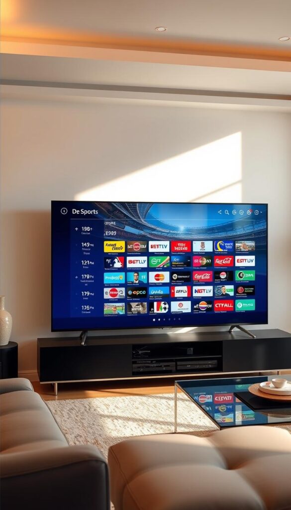 A detailed and visually appealing sports channels list displayed on a high-quality flat-screen TV in a modern, minimalist living room setting. The TV screen showcases the Hoxtoon Provider's IPTV service, featuring a clean and intuitive interface with a comprehensive selection of live sports channels. The room is bathed in warm, natural lighting, creating a cozy and inviting atmosphere. The layout is carefully composed, with the TV positioned as the focal point, complemented by sleek, contemporary furniture and decor. The overall scene conveys a sense of comfortable, technology-enabled home entertainment perfect for sports enthusiasts.