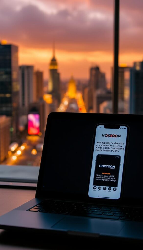 A detailed and well-lit scene depicting the legal and safety considerations for using an IPTV service like Hoxtoon Provider. In the foreground, a laptop screen displays a warning about the potential risks of unauthorized streaming, with a focus on privacy, security, and legal implications. In the middle ground, a smartphone showcases the Hoxtoon Provider app, emphasizing the importance of using a reputable and secure IPTV service. The background features a cityscape, suggesting the widespread nature of IPTV usage and the need for responsible consumption. The overall mood is one of cautious awareness, encouraging users to make informed decisions about their IPTV choices.