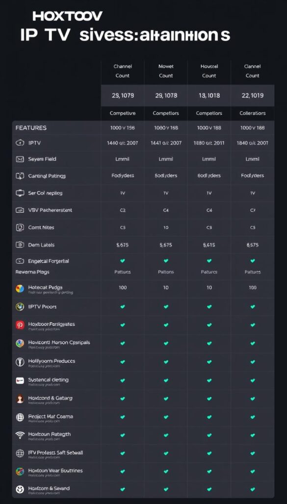 A detailed comparative analysis of IPTV subscription services, showcasing the features and offerings of the Hoxtoon Provider alongside its competitors. The scene depicts a minimalist, modern UI layout with clean typography and icons, highlighting key metrics such as channel count, price, and user ratings. The Hoxtoon Provider branding is prominently featured, with its logo and color scheme seamlessly integrated into the design. The overall mood is professional, informative, and visually engaging, inviting the viewer to explore the competitive landscape of IPTV services.