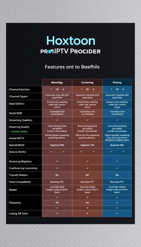 A detailed comparison chart showcasing the features and benefits of the Hoxtoon Provider IPTV subscription service against its competitors. The chart is displayed on a sleek, minimalist background with a subtle grid pattern, allowing the information to be the focal point. The chart itself is presented in a clean, organized layout with clearly defined columns and rows, highlighting key factors such as channel selection, streaming quality, device compatibility, and pricing. The Hoxtoon Provider branding is prominently displayed at the top, emphasizing its position as a premier IPTV solution. The overall aesthetic is professional, informative, and visually appealing, perfectly suited to be featured in the article's IPTV comparison section.