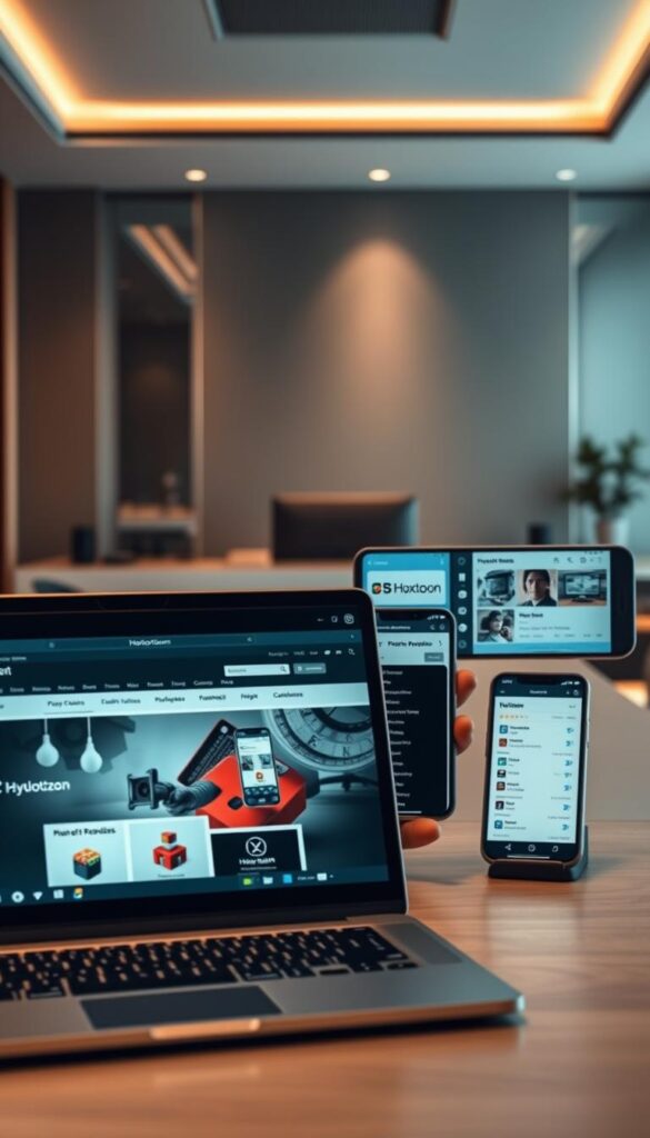 A detailed comparison guide for various IPTV services, showcasing their features, pricing, and customer reviews. In the foreground, a laptop displays the Hoxtoon Provider's website, highlighting its user interface and service offerings. In the middle ground, a smartphone displays competing IPTV providers, allowing for a side-by-side analysis. The background features a sleek, modern office setting with clean lines and minimalist decor, conveying a professional and authoritative atmosphere. The lighting is soft and warm, creating a visually appealing and informative scene. The overall mood is one of informed decision-making, with the Hoxtoon Provider standing out as a premium IPTV service.