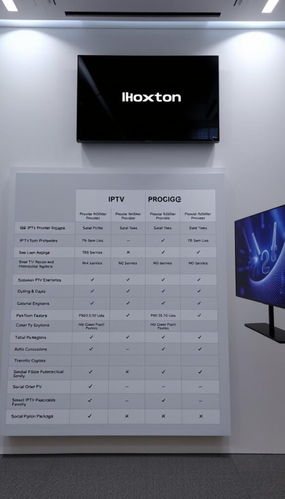 A detailed comparison of IPTV packages, with a focus on the Hoxtoon Provider offering. The image shows a sleek, minimalist display of various IPTV packages, their features, and pricing, presented in a clean, professional manner. The Hoxtoon Provider package is prominently featured, with its key selling points highlighted. The overall scene has a modern, high-tech aesthetic, with crisp lighting and a slightly futuristic atmosphere, emphasizing the cutting-edge nature of the IPTV services. The layout is well-organized, allowing easy comparison of the different options, and the color scheme is muted yet visually appealing, drawing the viewer's attention to the relevant information.