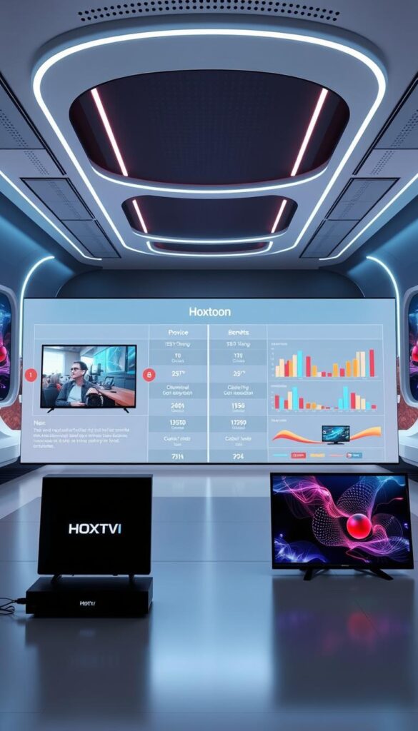 A detailed comparison of IPTV services, featuring a side-by-side visual breakdown of the cost and benefits of Hoxtoon Provider versus traditional cable TV. The foreground showcases the Hoxtoon logo and product imagery, while the middle ground presents comparative charts and graphs highlighting the key differences in pricing, channel selection, and streaming capabilities. The background incorporates a futuristic, tech-inspired landscape with clean lines and a minimalist color palette to convey the modern, cutting-edge nature of the IPTV market. Bright, evenly distributed lighting creates a crisp, professional atmosphere, captured through a wide-angle lens to provide a comprehensive, informative visual representation of the topic.