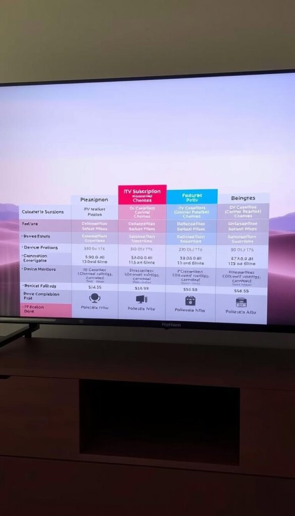 A detailed comparison of IPTV subscription plans from the Hoxtoon Provider, displayed on a sleek, modern interface. The foreground features neatly organized plan tiers, each with clear pricing, channel counts, and feature breakdowns. The middle ground showcases various device compatibility icons, emphasizing the versatility of the Hoxtoon service. The background depicts a subtle, minimalist landscape with a soft color palette, creating a calm and professional atmosphere. The lighting is natural and even, highlighting the clarity of the information. The camera angle is slightly tilted to add visual interest, while maintaining a balanced composition.