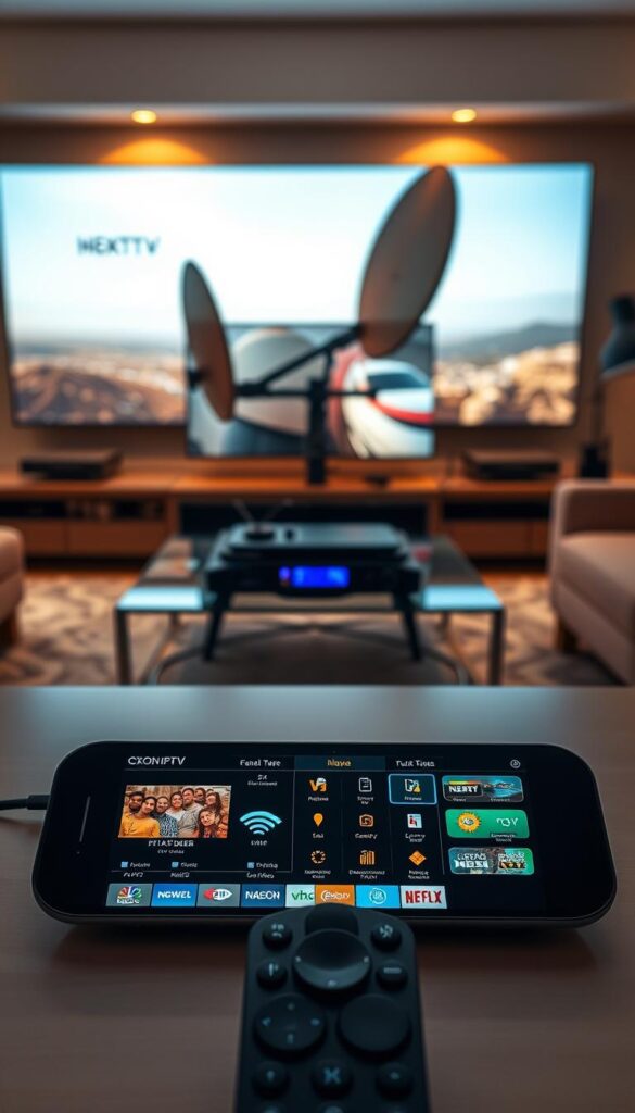 A detailed comparison of a modern IPTV service, Hoxtoon Provider, and traditional cable and satellite TV. A sleek futuristic control panel in the foreground displays the IPTV interface, with crisp high-definition video streams and a wide selection of channels. In the middle ground, a classic cable box and satellite dish represent the legacy systems, while the background showcases a contemporary living room setting with large screen displays, conveying the shift from traditional to cutting-edge home entertainment. The scene is bathed in warm, soft lighting, creating an inviting and tech-savvy atmosphere.