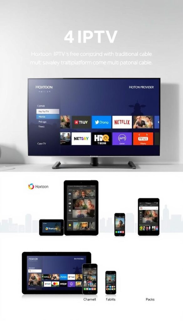 A detailed comparison of an IPTV service, with a modern, streamlined interface showcasing the "Hoxtoon Provider" brand. In the foreground, a sleek smart TV displaying various IPTV channels and packages, emphasizing the cost savings compared to traditional cable. In the middle ground, digital devices like smartphones and tablets demonstrating the multi-platform accessibility of the Hoxtoon service. The background features a minimalist cityscape, conveying the convenience and versatility of a cloud-based IPTV solution. The overall scene is illuminated by soft, directional lighting, creating a polished, professional visual tone.