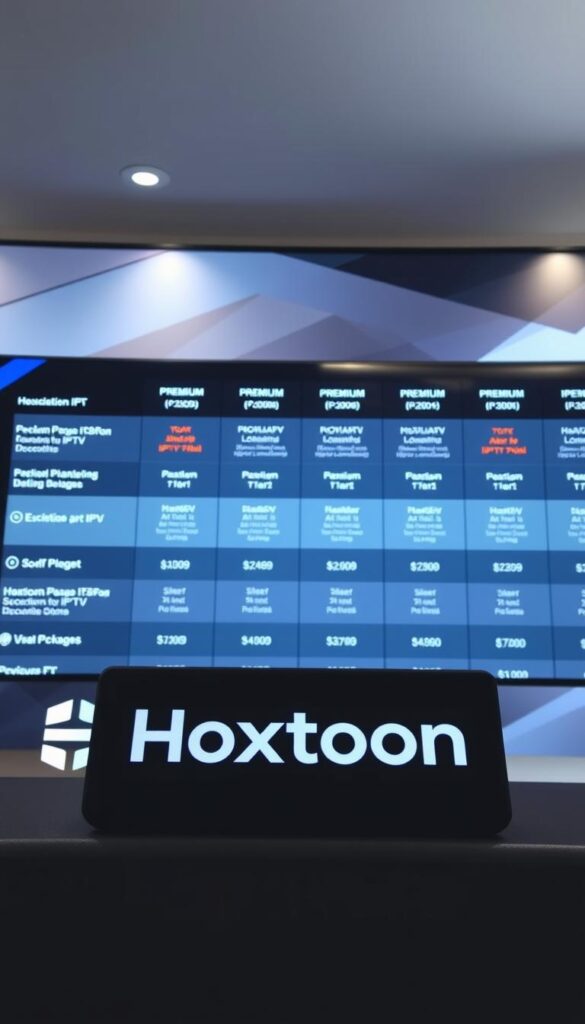 A detailed comparison of popular IPTV service providers, showcasing their offerings and features. The foreground depicts the Hoxtoon Provider logo prominently, highlighting their premium IPTV services. The middle ground features a grid-like layout displaying various IPTV plan options, package details, and pricing information. The background offers a sleek, modern design with subtle gradients and geometric patterns, creating a visually appealing and informative composition. The lighting is soft and evenly distributed, creating a clean, professional atmosphere. The camera angle is slightly elevated, providing a comprehensive overview of the IPTV service comparison.