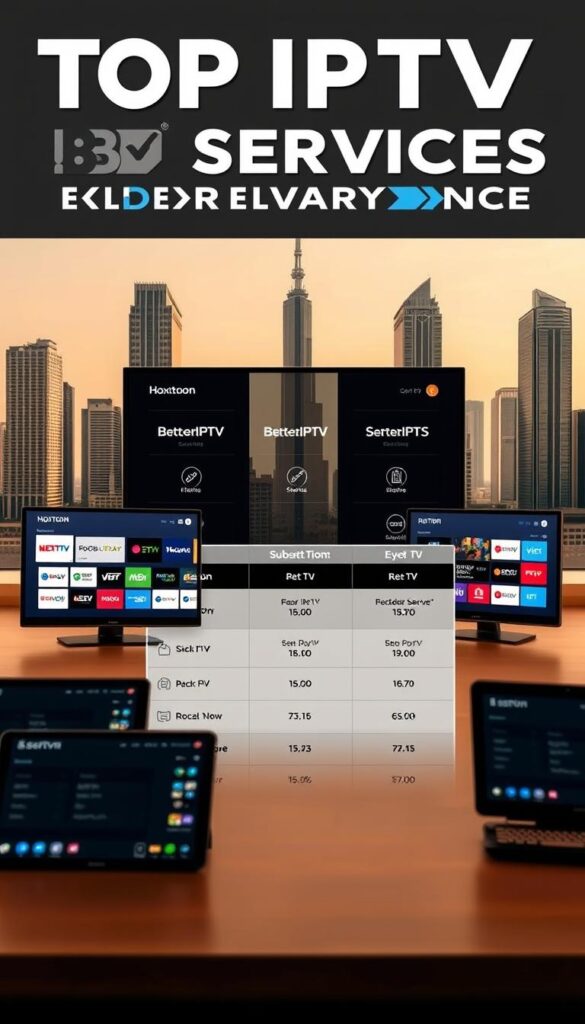 A detailed comparison of top IPTV services, showcasing the Hoxtoon Provider alongside other premium options. In the foreground, sleek modern devices displaying various IPTV service interfaces, highlighting their features and performance. In the middle ground, a grid-like layout juxtaposing the service logos, subscription plans, and key metrics for an analytical side-by-side evaluation. The background features a clean, minimalist cityscape with tall skyscrapers, conveying a sense of technology, innovation, and the global reach of these IPTV providers. Warm lighting and a sophisticated color palette create a professional, authoritative atmosphere befitting a comprehensive IPTV service comparison.