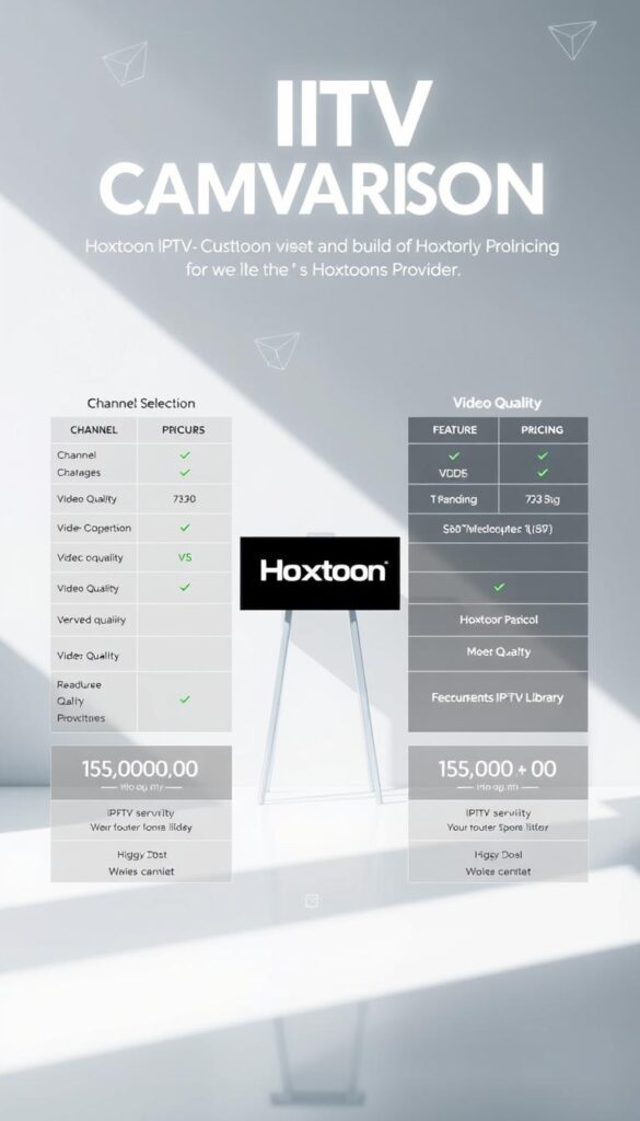 A detailed comparison of various IPTV service providers, showcasing the unique features and offerings of the Hoxtoon Provider. A clean, modern composition with a sleek, minimalist design. The foreground displays side-by-side comparisons of key IPTV metrics such as channel selection, video quality, and pricing. The middle ground highlights the Hoxtoon Provider brand, emphasizing its 150,000+ VOD library and high-quality service. The background features a subtle gradient or pattern, creating a professional, tech-savvy atmosphere. Bright, natural lighting illuminates the scene, while a slightly low camera angle adds a sense of authority and confidence. The overall mood is one of an informative, data-driven comparison that underscores the Hoxtoon Provider's competitiveness in the IPTV market.