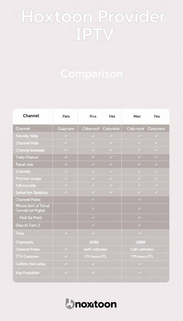 A detailed comparison table showcasing Hoxtoon Provider's affordable IPTV plans, presented in a clean and visually appealing layout. The table features plan names, pricing, channel counts, and key features, allowing potential customers to easily assess and select the best option for their needs. The table is set against a soft, muted background, with subtle grid lines and minimalist design elements to maintain a professional and informative aesthetic. The Hoxtoon Provider brand name is prominently displayed, solidifying its position as the trusted IPTV service provider.